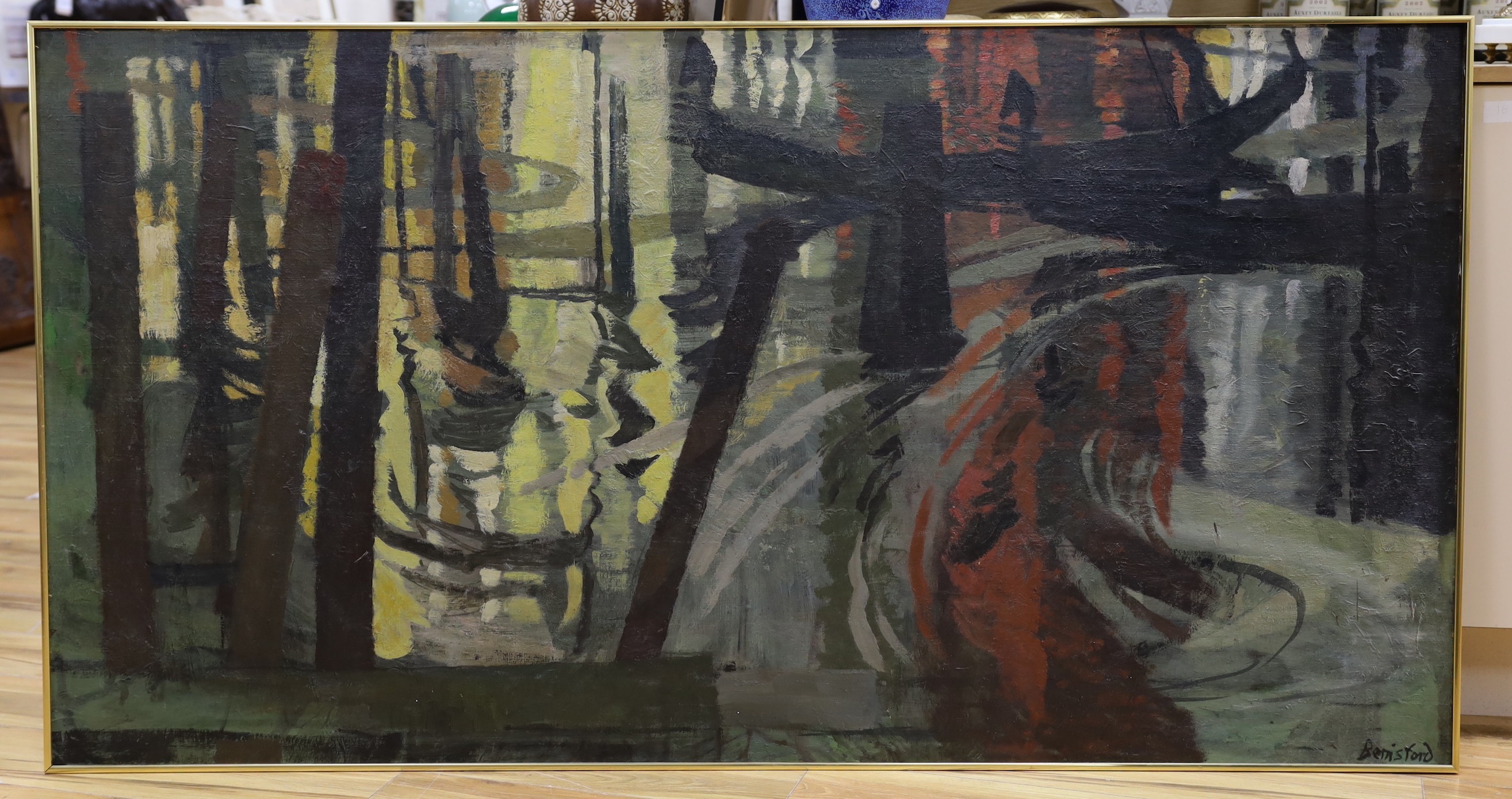 Peter Berrisford (1932-2003), oil on boards, 'Moods and Reflections', signed, with a letter from the Theatre Royal Northampton dated 1959 verso, 87 x 165cm